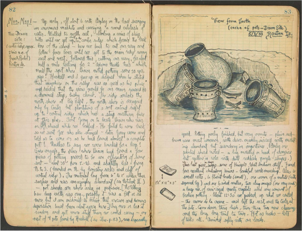 Pages from Duncan Strong’s journal with a sketch of some monochrome ‘ollas’ found on Dixon Hill