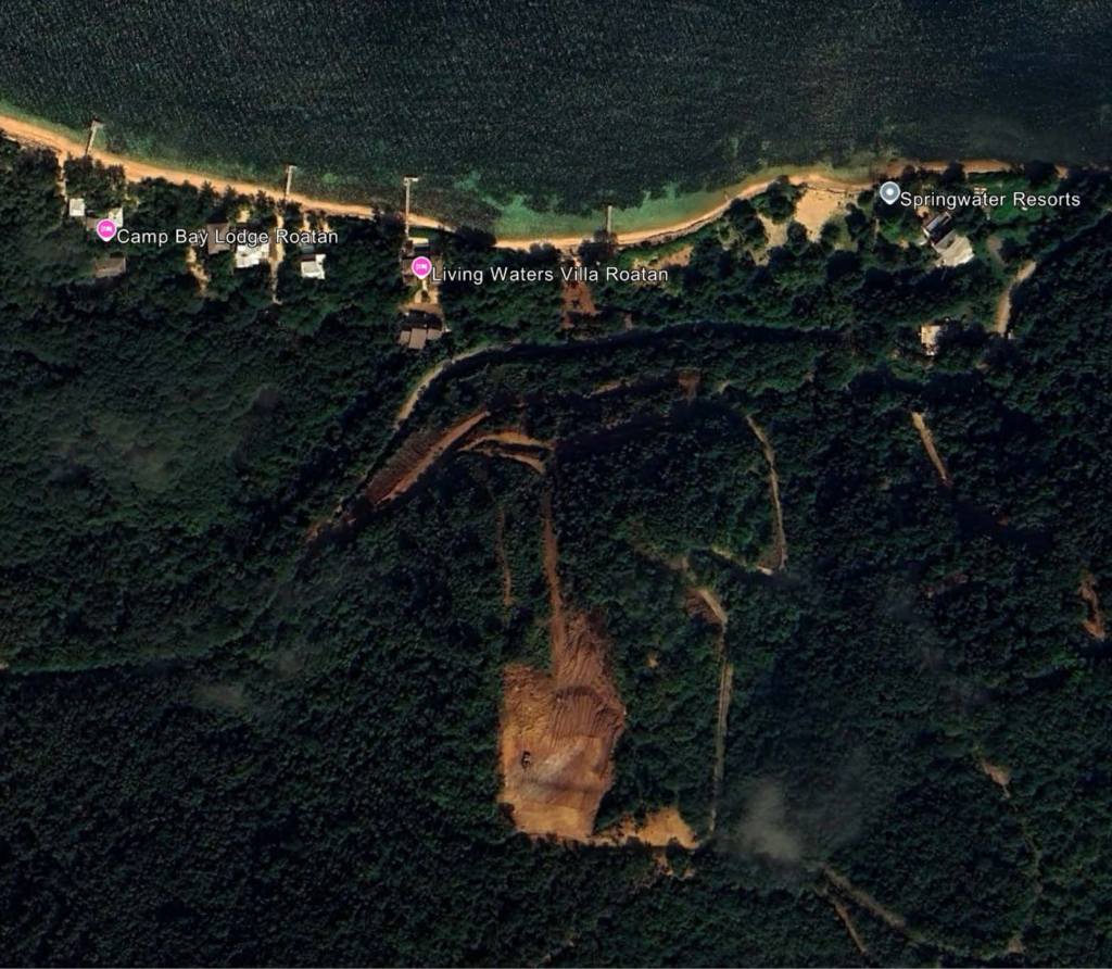 Acres of Hillside overlooking Camp Bay beach deforested and bulldozed down creating huge torrents of muddy runoff out to the reef during rainy seasons of 2023 and 2024. This site was also visited by COHDEFOR and Ministerio Publico after the fact. 