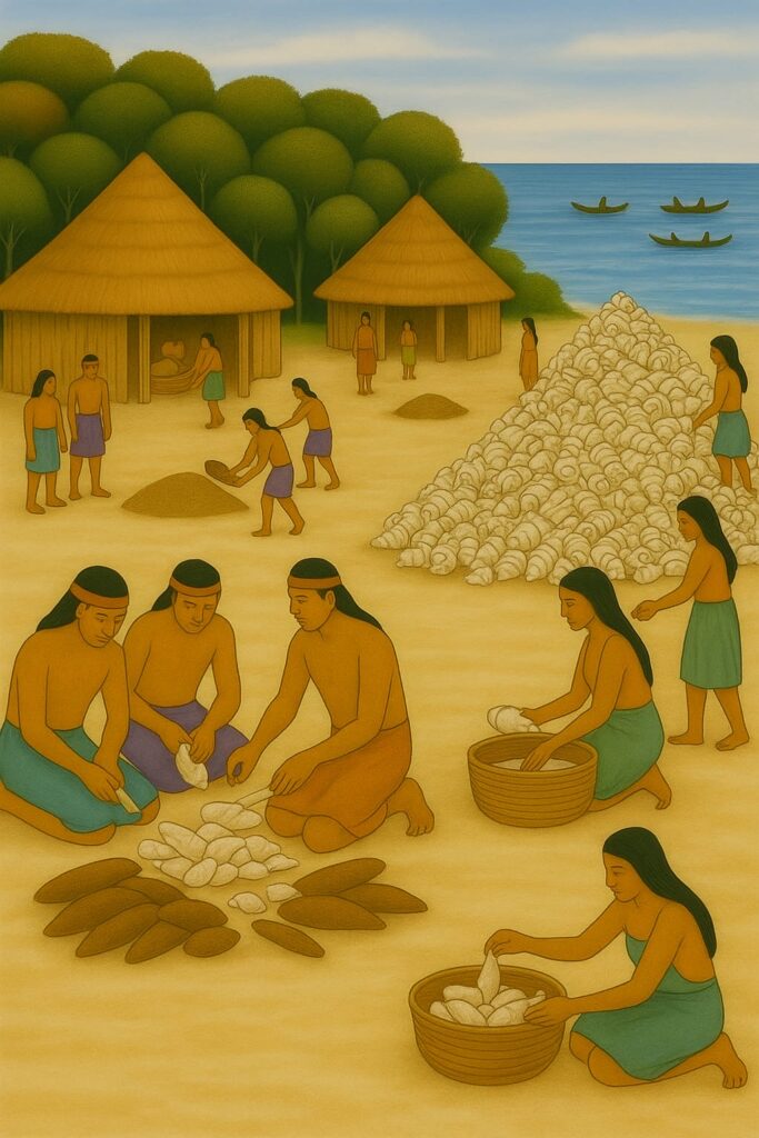 A sketch which shows how an early Selin settlement would have been situated next to sea before moving to the hills. Huts constructed of locally cut materials ( cohoon palm and palmetto leaf for thatch and bamboo , oak and white mangrove for structure ). A conch shell heap being an important landmark of the settlement since conchs were a staple and the shell used to make trumpets , jewelry and implements. The peeling of cassava for meals and to make the fermented beer was an activity performed by the men. Beans and peas are being sifted by women and children. Men dedicated most of their time to fishing and turtling in crudely carved canoes from large tree trunks.