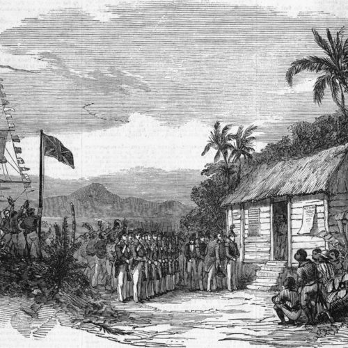 Colonel Alexander MacDonald and his contingent outside the Spanish commandants office in Port Royal ( likely Fort Augusta ) after having lowered the Central American flag and raised the Union Jack in August 1838.