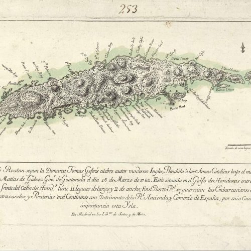 A Spanish map copying Royal Geographer , Thomas Jeffrey’s map of 1743 of Rattan using the same ( mispelled ) place names . The map description gloats over the victory of Field Marshall Matias Galvez’s ( Governor of Guatemala ) victory over Colonel Dalrymple’s meager force during the Battle of Port Royal on the 16th March , 1782